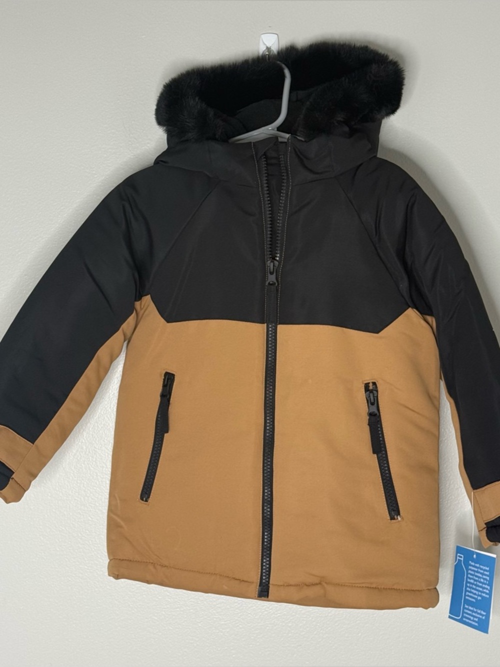 Falls Creek NWT Boy 3T Parka Fur Lined Hood Tan/Black Zipper Winter Jacket Coat